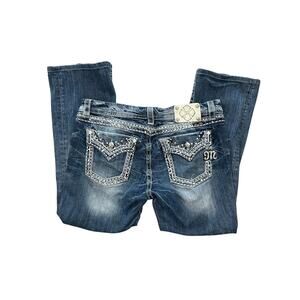 Miss Me Heavy Stitch Rhinestone Flap Bootcut Jeans 33x28 Med Wash